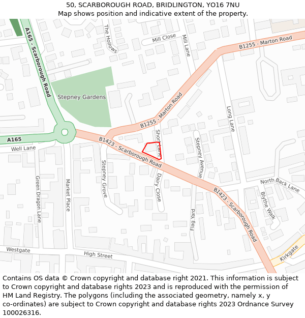 50, SCARBOROUGH ROAD, BRIDLINGTON, YO16 7NU: Location map and indicative extent of plot
