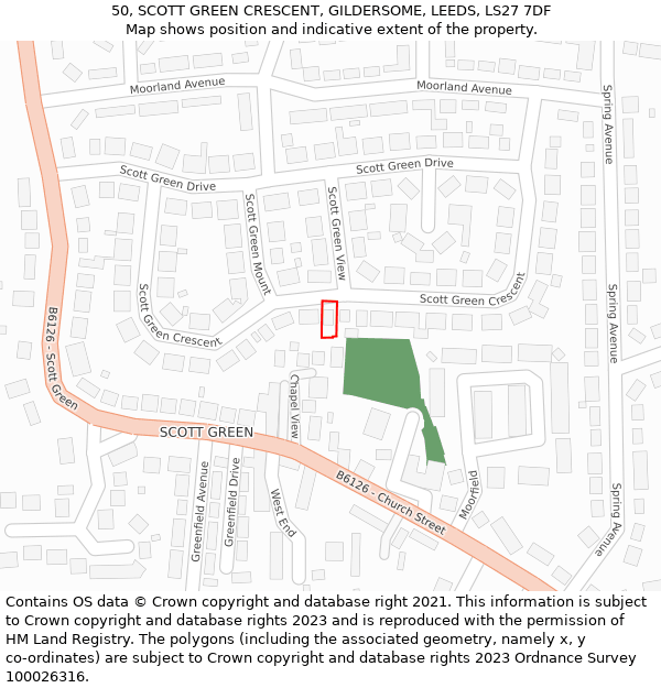 50, SCOTT GREEN CRESCENT, GILDERSOME, LEEDS, LS27 7DF: Location map and indicative extent of plot