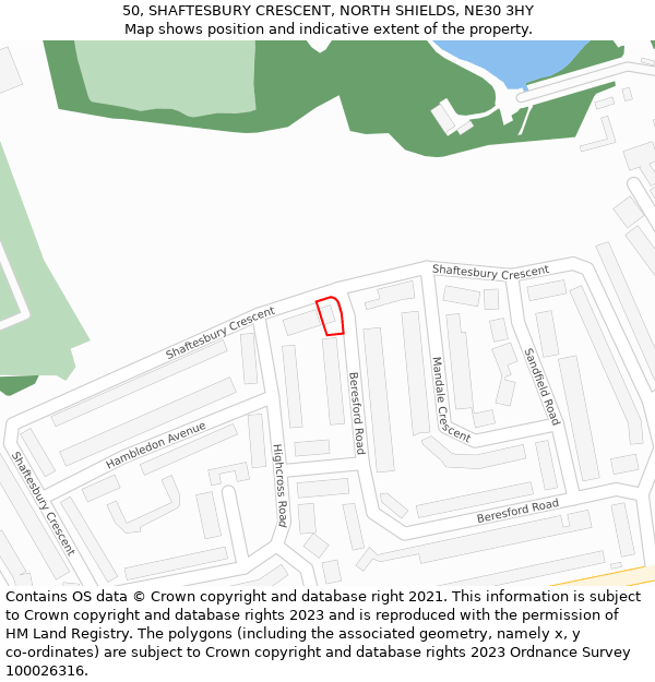 50, SHAFTESBURY CRESCENT, NORTH SHIELDS, NE30 3HY: Location map and indicative extent of plot