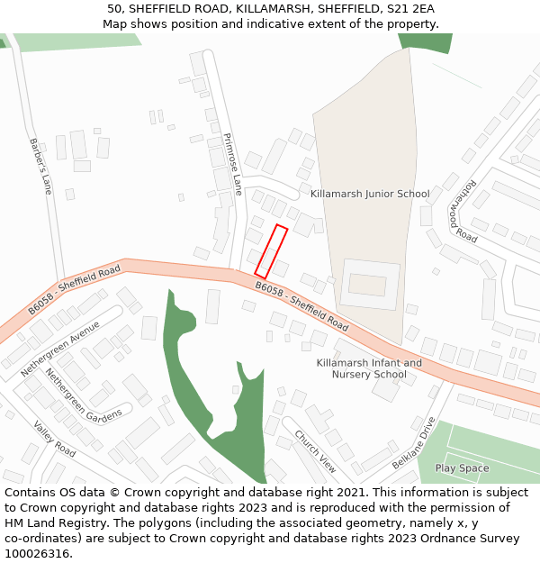 50, SHEFFIELD ROAD, KILLAMARSH, SHEFFIELD, S21 2EA: Location map and indicative extent of plot