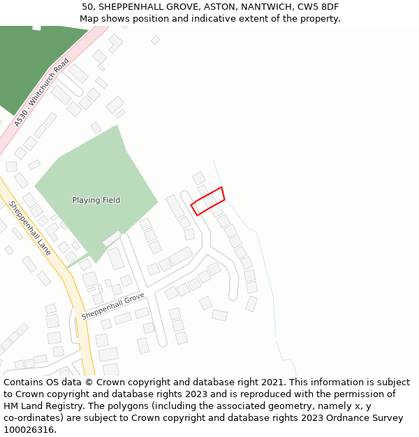 50, SHEPPENHALL GROVE, ASTON, NANTWICH, CW5 8DF: Location map and indicative extent of plot