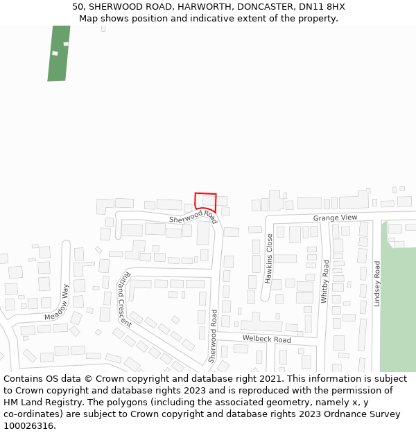 50, SHERWOOD ROAD, HARWORTH, DONCASTER, DN11 8HX: Location map and indicative extent of plot