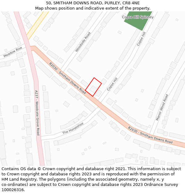 50, SMITHAM DOWNS ROAD, PURLEY, CR8 4NE: Location map and indicative extent of plot