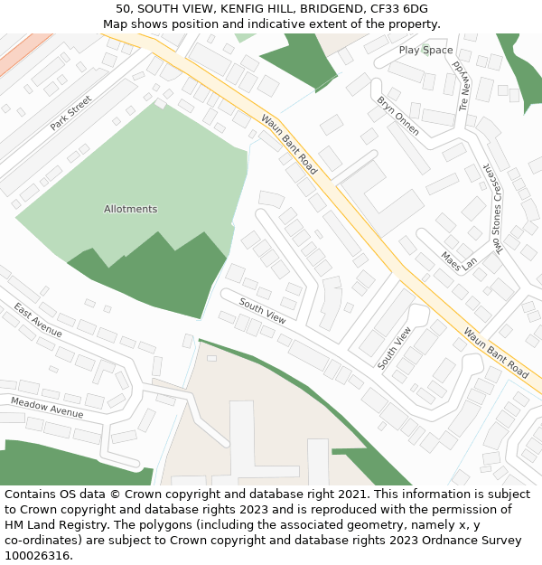 50, SOUTH VIEW, KENFIG HILL, BRIDGEND, CF33 6DG: Location map and indicative extent of plot