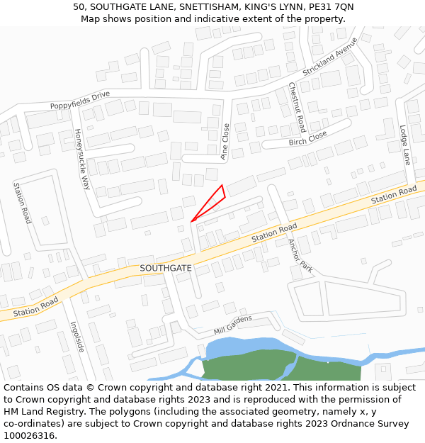 50, SOUTHGATE LANE, SNETTISHAM, KING'S LYNN, PE31 7QN: Location map and indicative extent of plot