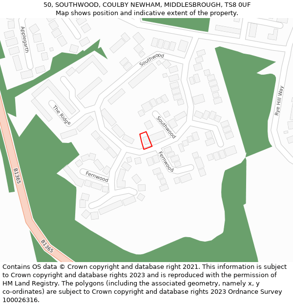 50, SOUTHWOOD, COULBY NEWHAM, MIDDLESBROUGH, TS8 0UF: Location map and indicative extent of plot