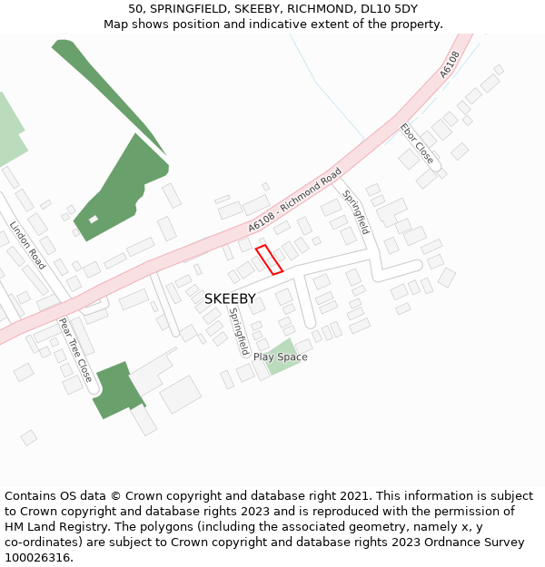 50, SPRINGFIELD, SKEEBY, RICHMOND, DL10 5DY: Location map and indicative extent of plot