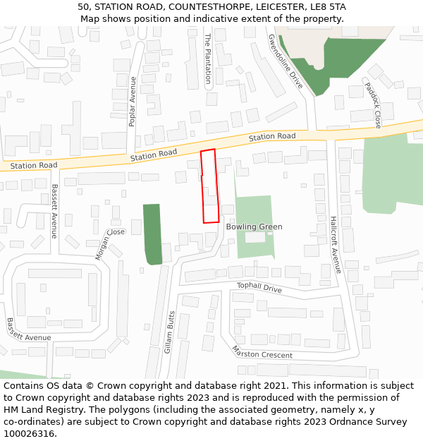 50, STATION ROAD, COUNTESTHORPE, LEICESTER, LE8 5TA: Location map and indicative extent of plot
