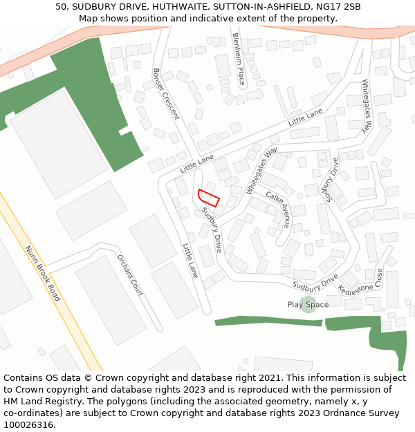 50, SUDBURY DRIVE, HUTHWAITE, SUTTON-IN-ASHFIELD, NG17 2SB: Location map and indicative extent of plot