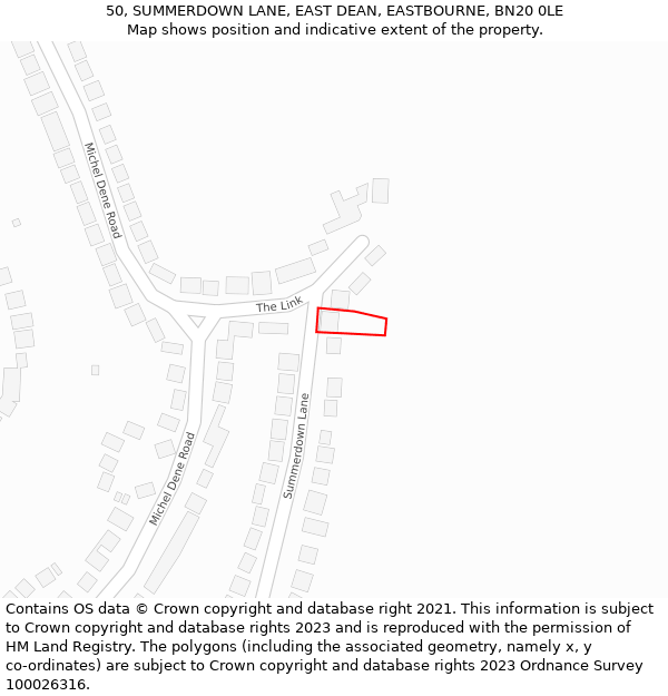 50, SUMMERDOWN LANE, EAST DEAN, EASTBOURNE, BN20 0LE: Location map and indicative extent of plot