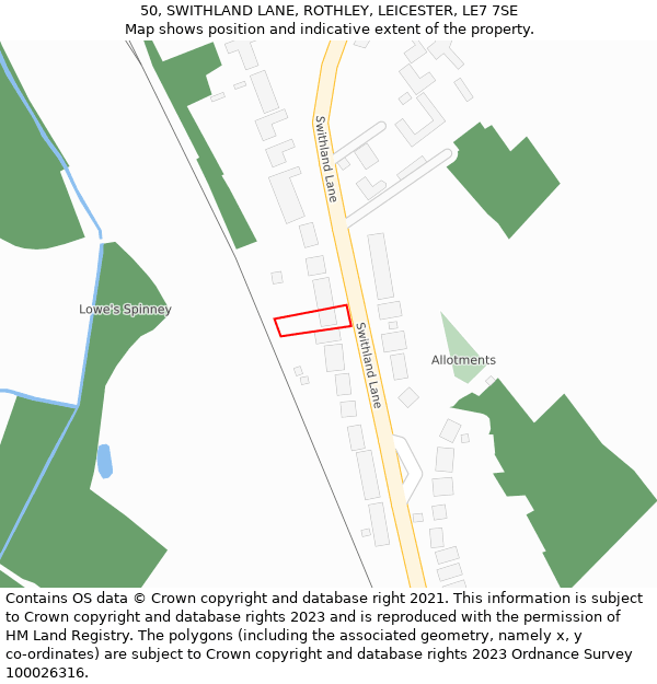 50, SWITHLAND LANE, ROTHLEY, LEICESTER, LE7 7SE: Location map and indicative extent of plot