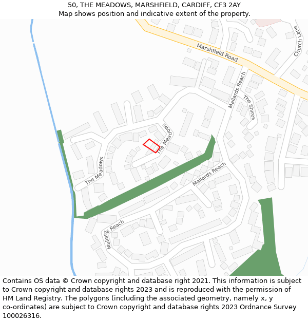 50, THE MEADOWS, MARSHFIELD, CARDIFF, CF3 2AY: Location map and indicative extent of plot