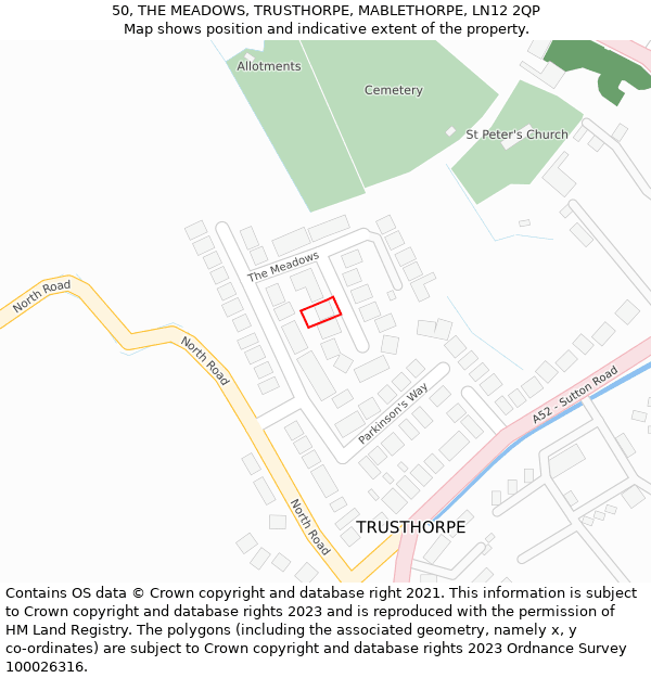 50, THE MEADOWS, TRUSTHORPE, MABLETHORPE, LN12 2QP: Location map and indicative extent of plot