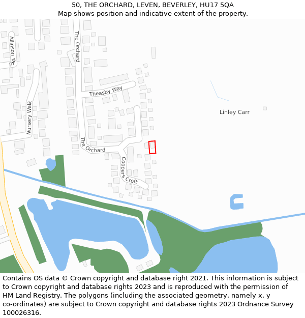 50, THE ORCHARD, LEVEN, BEVERLEY, HU17 5QA: Location map and indicative extent of plot