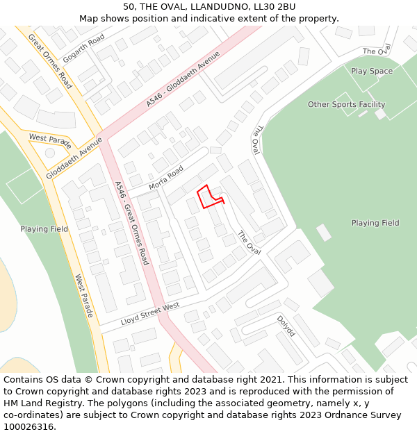 50, THE OVAL, LLANDUDNO, LL30 2BU: Location map and indicative extent of plot
