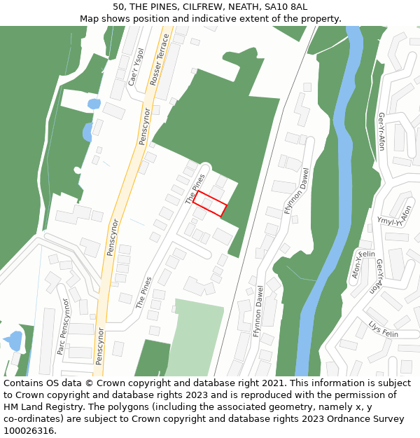 50, THE PINES, CILFREW, NEATH, SA10 8AL: Location map and indicative extent of plot