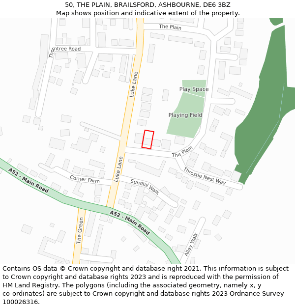 50, THE PLAIN, BRAILSFORD, ASHBOURNE, DE6 3BZ: Location map and indicative extent of plot