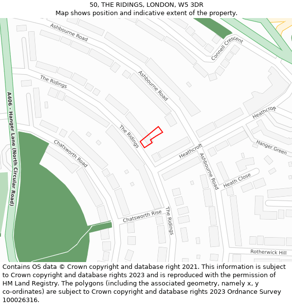 50, THE RIDINGS, LONDON, W5 3DR: Location map and indicative extent of plot