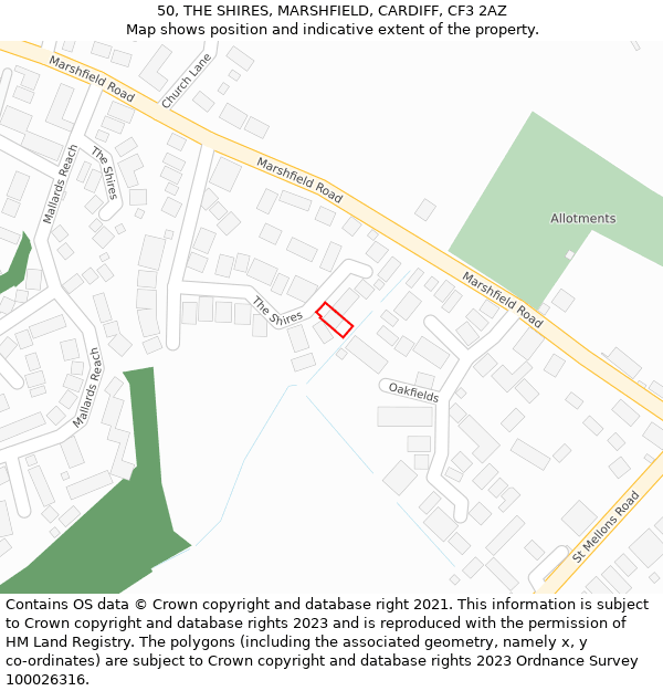 50, THE SHIRES, MARSHFIELD, CARDIFF, CF3 2AZ: Location map and indicative extent of plot