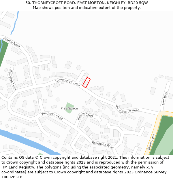 50, THORNEYCROFT ROAD, EAST MORTON, KEIGHLEY, BD20 5QW: Location map and indicative extent of plot