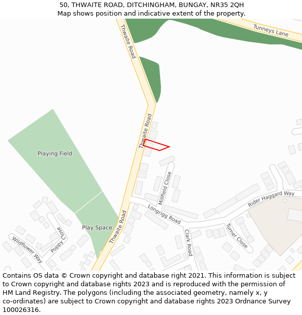 50, THWAITE ROAD, DITCHINGHAM, BUNGAY, NR35 2QH: Location map and indicative extent of plot