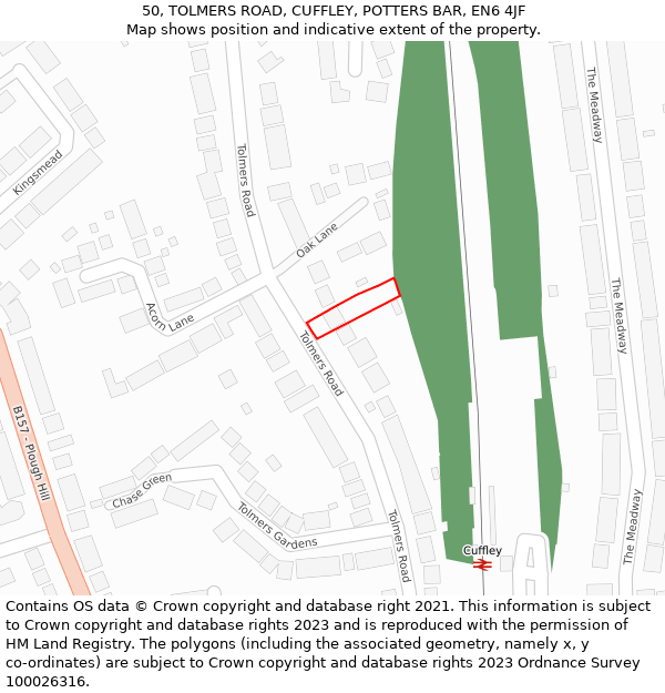 50, TOLMERS ROAD, CUFFLEY, POTTERS BAR, EN6 4JF: Location map and indicative extent of plot