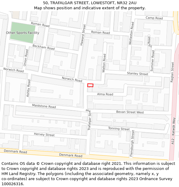 50, TRAFALGAR STREET, LOWESTOFT, NR32 2AU: Location map and indicative extent of plot