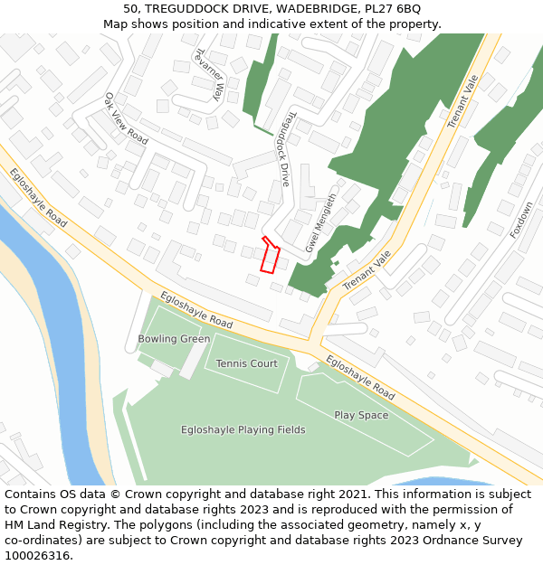 50, TREGUDDOCK DRIVE, WADEBRIDGE, PL27 6BQ: Location map and indicative extent of plot