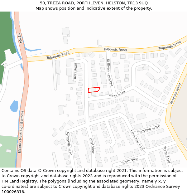 50, TREZA ROAD, PORTHLEVEN, HELSTON, TR13 9UQ: Location map and indicative extent of plot