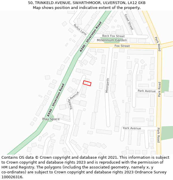 50, TRINKELD AVENUE, SWARTHMOOR, ULVERSTON, LA12 0XB: Location map and indicative extent of plot