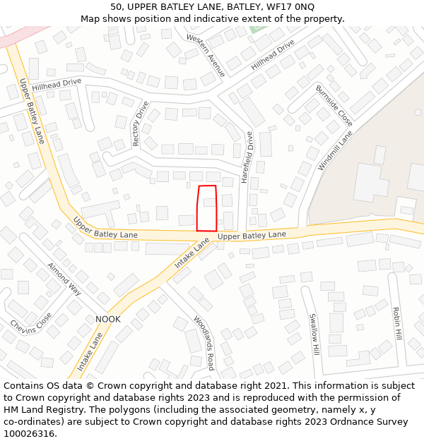 50, UPPER BATLEY LANE, BATLEY, WF17 0NQ: Location map and indicative extent of plot