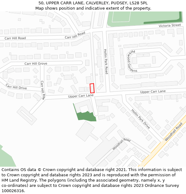 50, UPPER CARR LANE, CALVERLEY, PUDSEY, LS28 5PL: Location map and indicative extent of plot