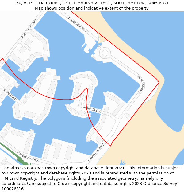 50, VELSHEDA COURT, HYTHE MARINA VILLAGE, SOUTHAMPTON, SO45 6DW: Location map and indicative extent of plot