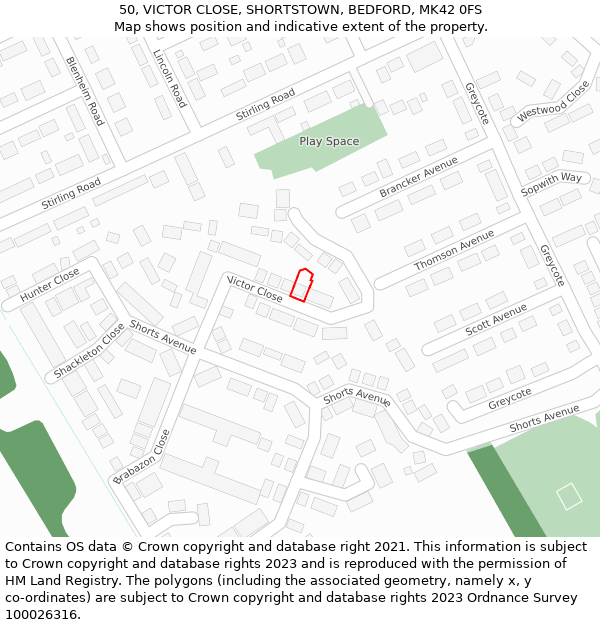 50, VICTOR CLOSE, SHORTSTOWN, BEDFORD, MK42 0FS: Location map and indicative extent of plot