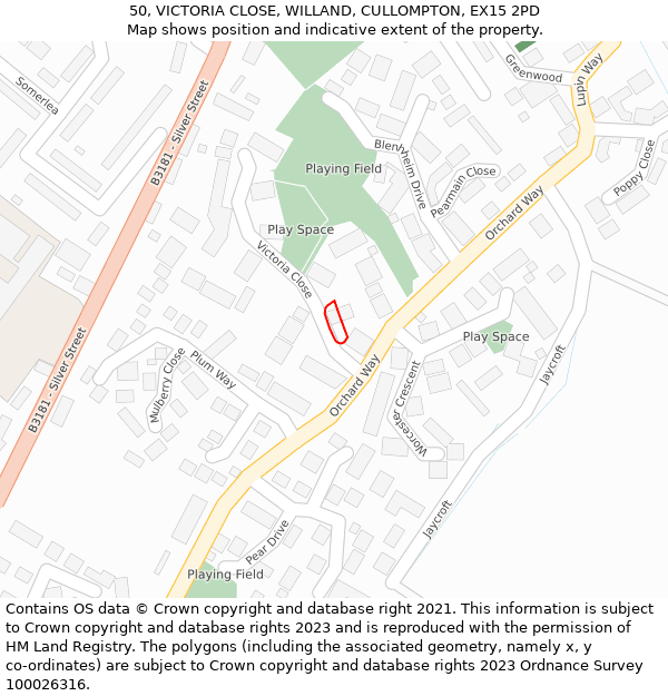 50, VICTORIA CLOSE, WILLAND, CULLOMPTON, EX15 2PD: Location map and indicative extent of plot