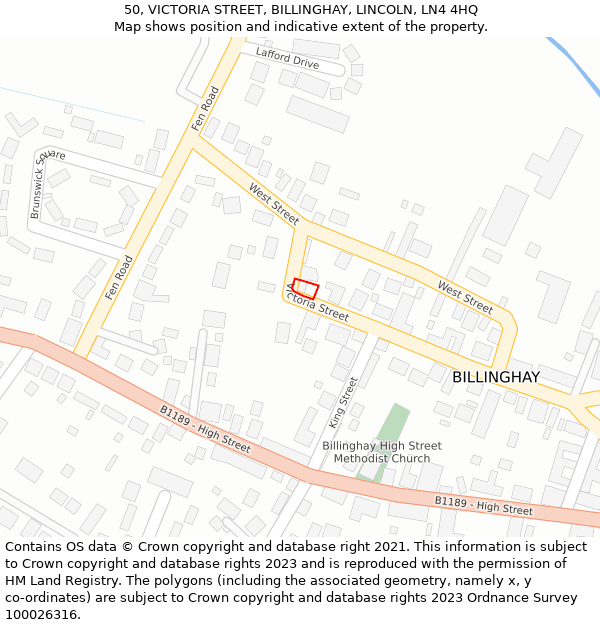 50, VICTORIA STREET, BILLINGHAY, LINCOLN, LN4 4HQ: Location map and indicative extent of plot