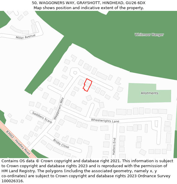 50, WAGGONERS WAY, GRAYSHOTT, HINDHEAD, GU26 6DX: Location map and indicative extent of plot