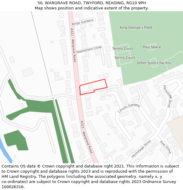 50, WARGRAVE ROAD, TWYFORD, READING, RG10 9PH: Location map and indicative extent of plot