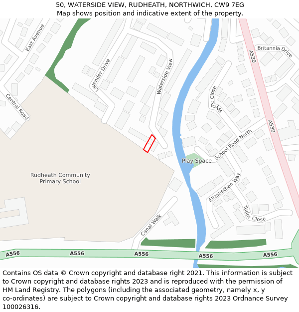 50, WATERSIDE VIEW, RUDHEATH, NORTHWICH, CW9 7EG: Location map and indicative extent of plot