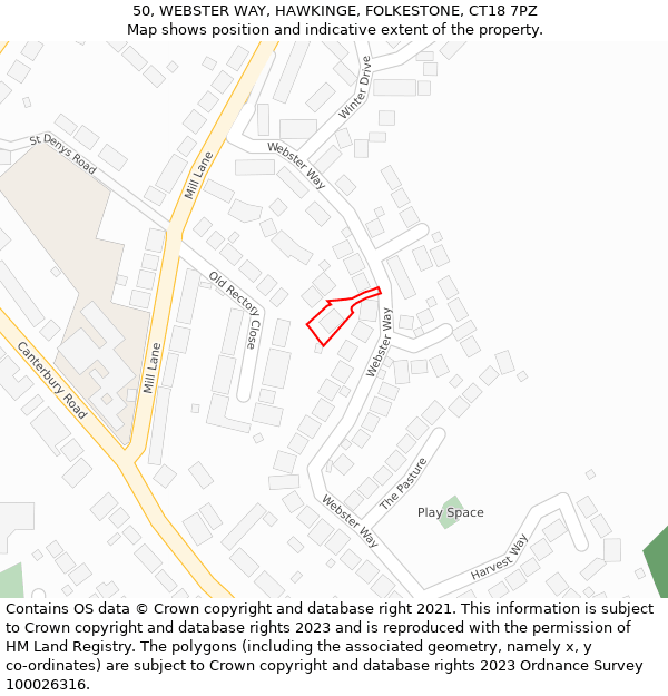 50, WEBSTER WAY, HAWKINGE, FOLKESTONE, CT18 7PZ: Location map and indicative extent of plot