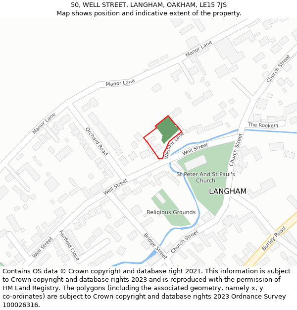 50, WELL STREET, LANGHAM, OAKHAM, LE15 7JS: Location map and indicative extent of plot