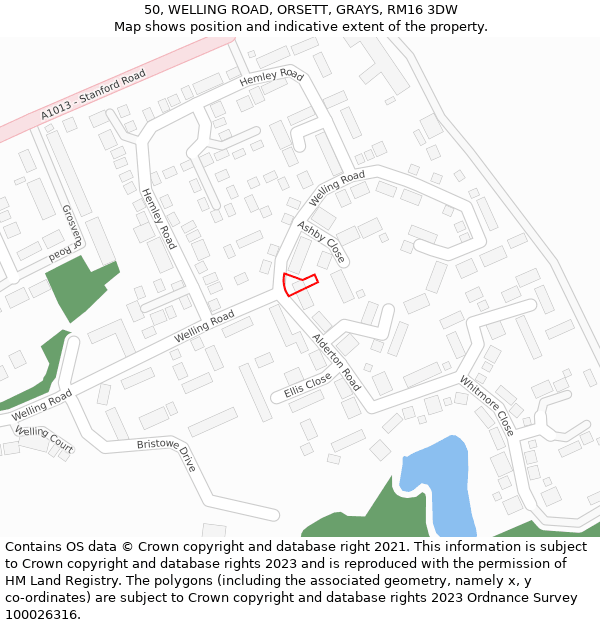 50, WELLING ROAD, ORSETT, GRAYS, RM16 3DW: Location map and indicative extent of plot