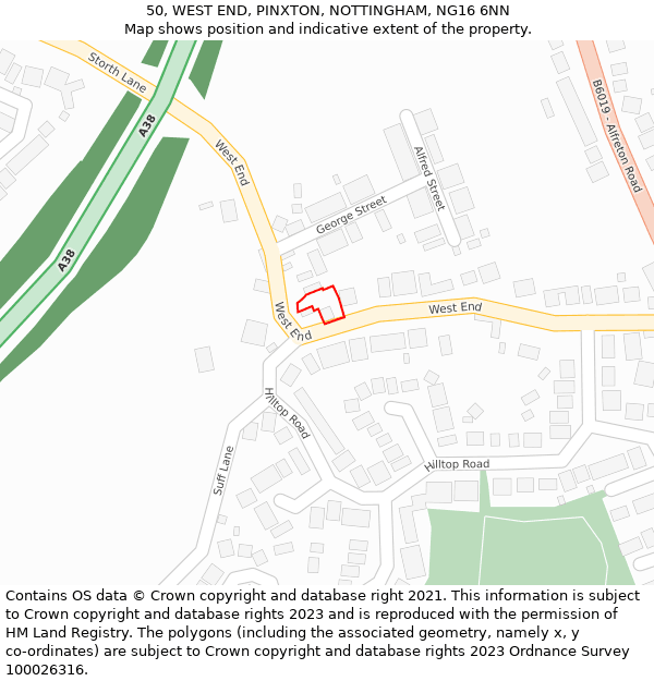 50, WEST END, PINXTON, NOTTINGHAM, NG16 6NN: Location map and indicative extent of plot