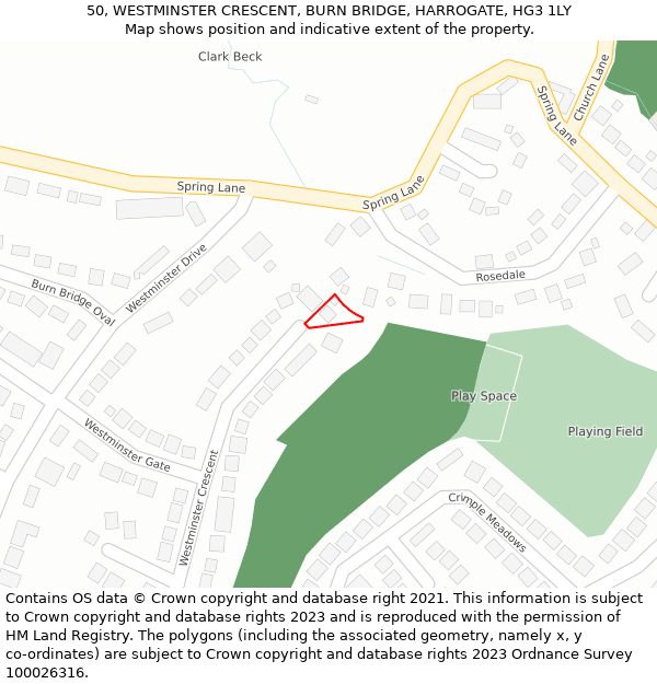 50, WESTMINSTER CRESCENT, BURN BRIDGE, HARROGATE, HG3 1LY: Location map and indicative extent of plot
