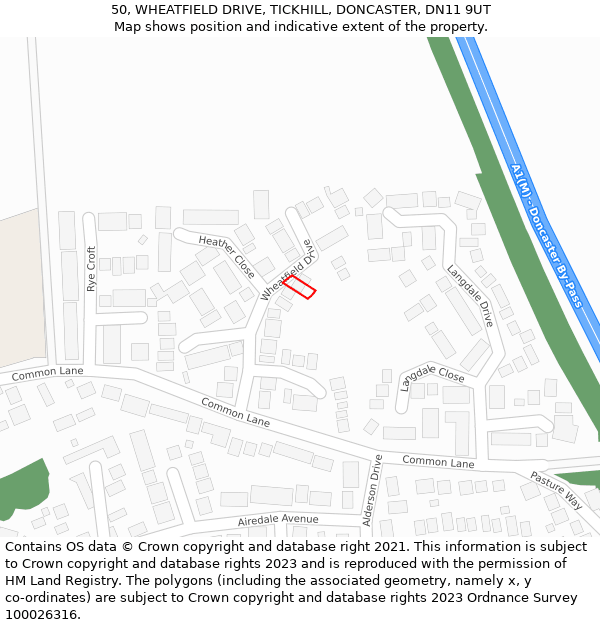 50, WHEATFIELD DRIVE, TICKHILL, DONCASTER, DN11 9UT: Location map and indicative extent of plot