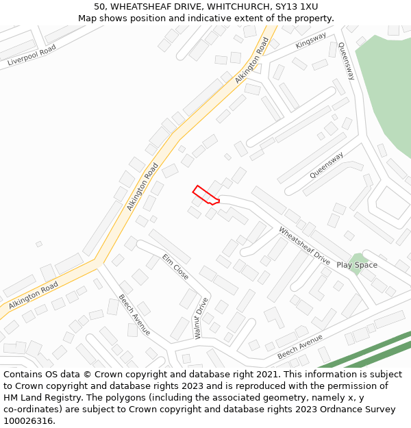 50, WHEATSHEAF DRIVE, WHITCHURCH, SY13 1XU: Location map and indicative extent of plot