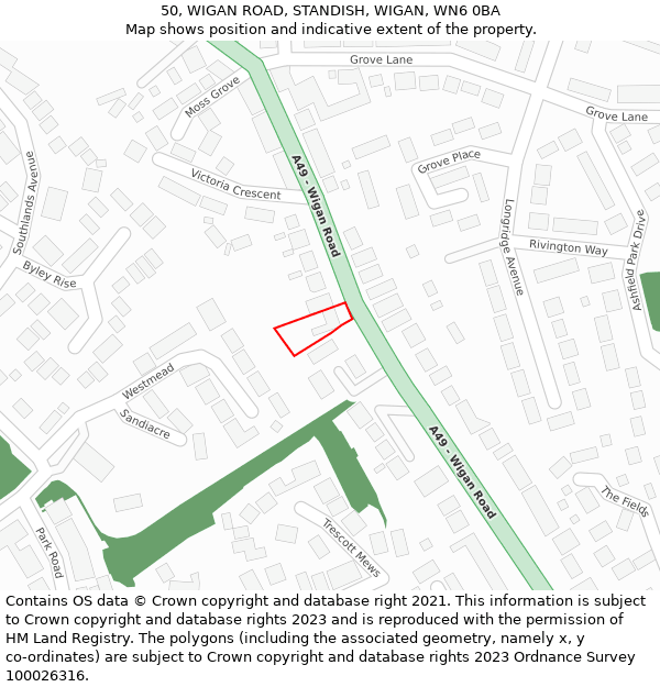 50, WIGAN ROAD, STANDISH, WIGAN, WN6 0BA: Location map and indicative extent of plot