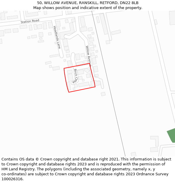 50, WILLOW AVENUE, RANSKILL, RETFORD, DN22 8LB: Location map and indicative extent of plot