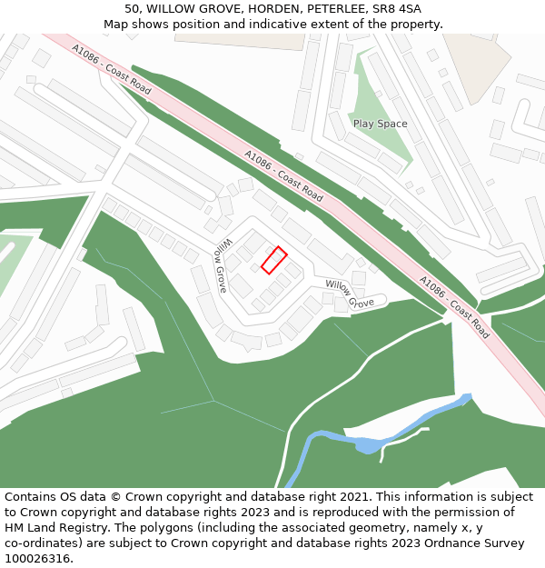 50, WILLOW GROVE, HORDEN, PETERLEE, SR8 4SA: Location map and indicative extent of plot