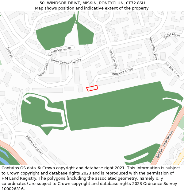 50, WINDSOR DRIVE, MISKIN, PONTYCLUN, CF72 8SH: Location map and indicative extent of plot